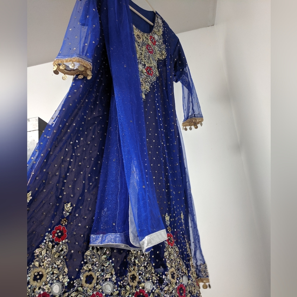 Pakistani Desi Blue Gold Anarkali wedding casual formal dress woman junior